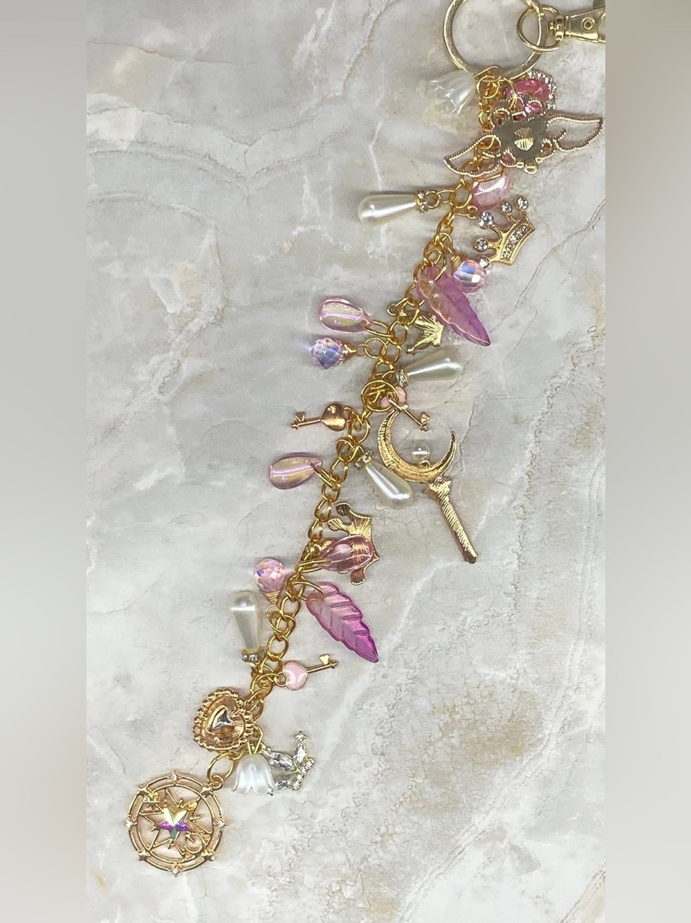 Gold-Tone Sailor Moon Charmed keychain with Pearlescent and Crystal Accents